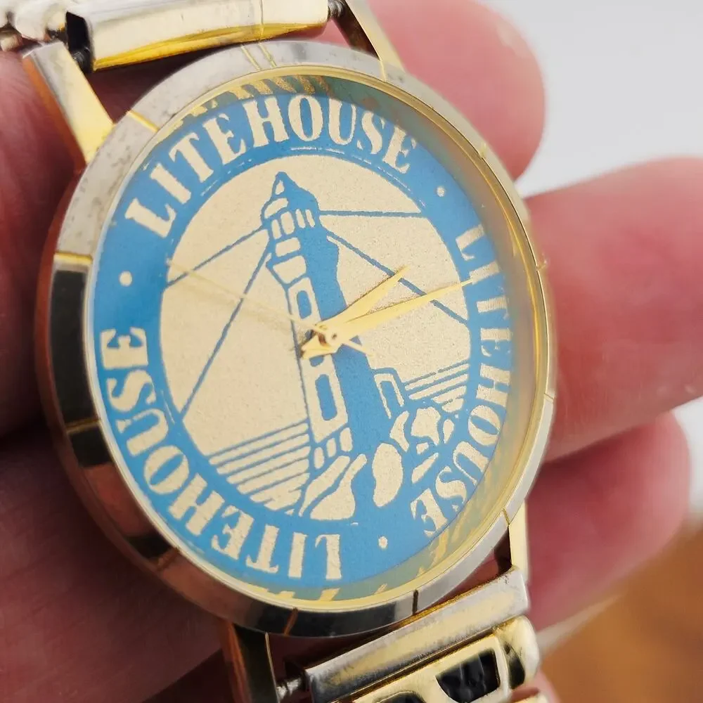 Lite House Novelty Dial Watch Gold Tone Vintage Stretch Pull On Great Lakes
